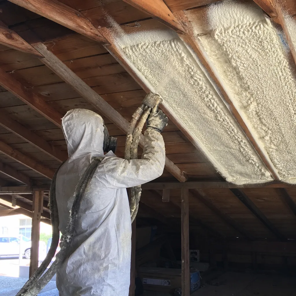 Worker applying professional spray foam insulation to an attic roof structure